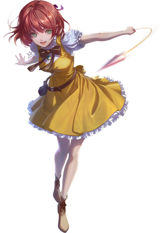 :d ankle_boots ankle_socks artist_name back_bow basket belt belt_buckle belt_pouch blue_gemstone boots bow breasts brown_belt brown_boots brown_bow buckle chain clarice_de_avril collar cross-laced_clothes cross-laced_dress dress frilled_collar frilled_dress frilled_sleeves frills full_body gem gold_chain green_eyes hair_between_eyes hair_ribbon holding holding_chain jewelry lace-up_boots leaning_forward leg_up loose_belt medium_breasts medium_dress medium_hair motion_blur narrow_waist nexon open_mouth pendant pinafore_dress pouch puffy_short_sleeves puffy_sleeves purple_ribbon ribbon second-party_source shirt short_sleeves signature simple_background skinny sleeveless sleeveless_dress smile socks tales_weaver teardrop-shaped_gem tinct tongue transparent_background weapon_request white_shirt white_socks yellow_bow