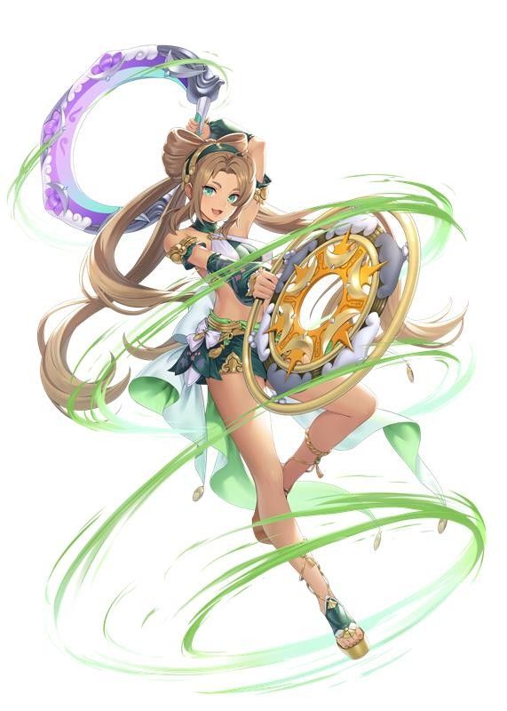 1girl arm_up bare_shoulders breasts brown_hair chakram dancer full_body green_eyes holding hoyeon long_hair official_art open_mouth sandals seonyuna_(hoyeon) solo third-party_source weapon