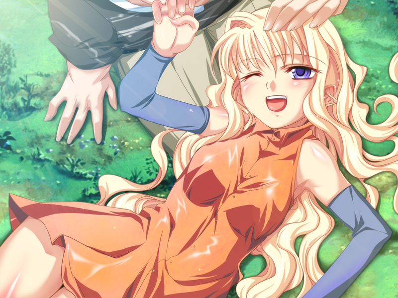 1girl blonde_hair blue_eyes blush cleo_cragganmore game_cg harem_party long_hair wink