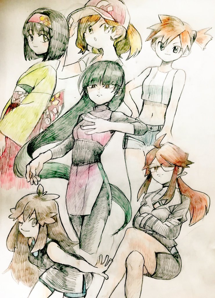 6+girls ahoge baseball_cap belt bike_shorts black_bodysuit black_dress black_hair blunt_bangs bodysuit breasts brown_eyes brown_hair closed_mouth crop_top crossed_arms crossed_legs denim denim_shorts dress elaine_(pokemon) erika_(pokemon) formal_clothes glasses green_(pokemon) hairband hand_on_own_hip hat jacket japanese_clothes kimono long_hair long_sleeves looking_at_viewer lorelei_(pokemon) matsushiro_(yutakatanbo) midriff misty_(pokemon) multiple_girls navel nintendo one_eye_closed one_side_up orange_hair pantyhose pencil_skirt pokemon pokemon_lgpe ponytail red_hair red_hairband red_skirt sabrina_(pokemon) sash shirt short_dress short_hair short_shorts shorts side_ponytail side_slit sidelocks sitting skirt sleeveless smile suit tank_top team_rocket traditional_media very_long_hair white_shirt yellow_kimono