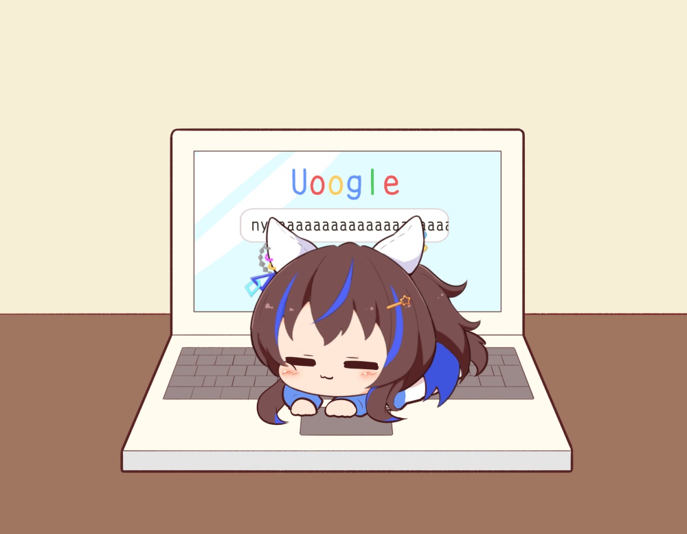 1girl :3 =_= animal_ears blue_hair blush_stickers brand_name_imitation brown_background brown_hair chibi closed_eyes closed_mouth commentary_request computer daitaku_helios_(umamusume) gomashio_(goma_feet) google hair_ornament hairclip horse_ears horse_girl horse_tail laptop long_sleeves lying mini_person minigirl multicolored_hair on_stomach raglan_sleeves shirt simple_background solo star_(symbol) star_hair_ornament streaked_hair tail umamusume white_shirt
