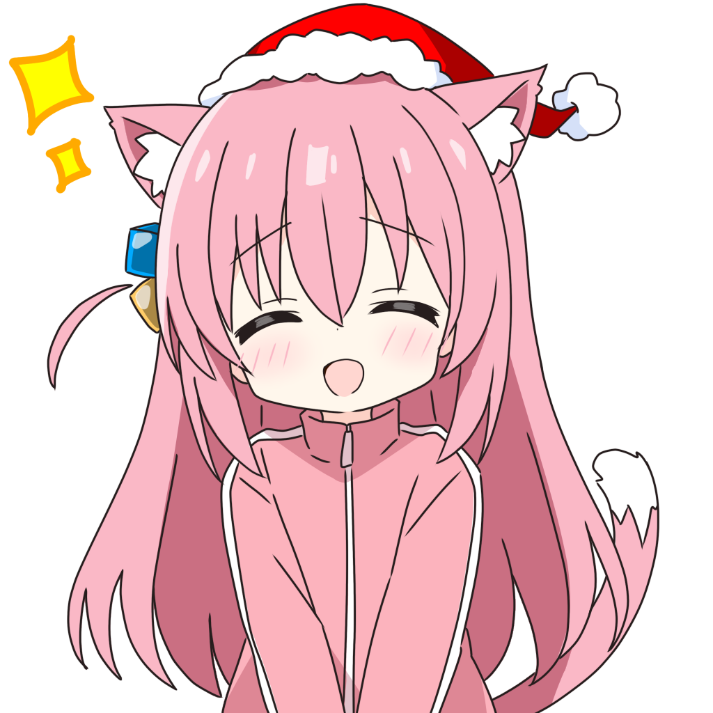 1girl :d ^_^ animal_ear_fluff animal_ears blush bocchi_the_rock! cat_ears cat_girl cat_tail christmas closed_eyes commentary_request cube_hair_ornament dot_nose facing_viewer fur-trimmed_headwear fur_trim gotoh_hitori hair_between_eyes hair_ornament hat jacket kemonomimi_mode kotatsu-mazoku long_sleeves one_side_up open_mouth pink_jacket red_hat santa_hat simple_background smile solo sparkle tail track_jacket upper_body white_background zipper