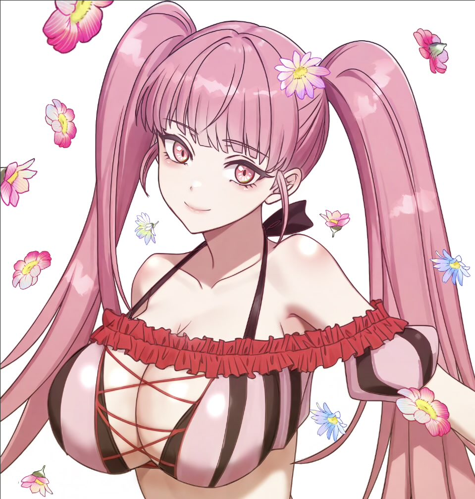 1girl armpits bare_shoulders bikini breasts cleavage closed_mouth collarbone commentary_request eyewear_on_head fire_emblem fire_emblem:_three_houses fire_emblem_heroes floral_background hilda_valentine_goneril hilda_valentine_goneril_(summer) large_breasts long_hair nintendo official_alternate_costume ootuk pink_bikini pink_eyes pink_hair smile solo stomach sunglasses swimsuit twintails upper_body white_background