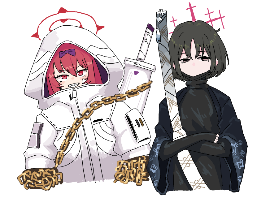 2girls :d alternate_costume black_eyes black_hair black_hanfu black_sweater blue_archive blush bow bowtie chain chain_around_arm chinese_clothes commentary_request cosplay flirt_dragoon hair_between_eyes half-closed_eyes halo hanfu holding holding_weapon hood hood_up hugging_object kira_(project_moon) kira_(project_moon)_(cosplay) limbus_company long_sleeves looking_at_viewer looking_to_the_side mask misaki_(blue_archive) mouth_mask multiple_girls open_mouth project_moon purple_bow purple_bowtie rabu_(blue_archive) red_eyes red_hair red_halo ren_(project_moon) ren_(project_moon)_(cosplay) sharp_teeth smile sweater teeth upper_body v-shaped_eyebrows weapon