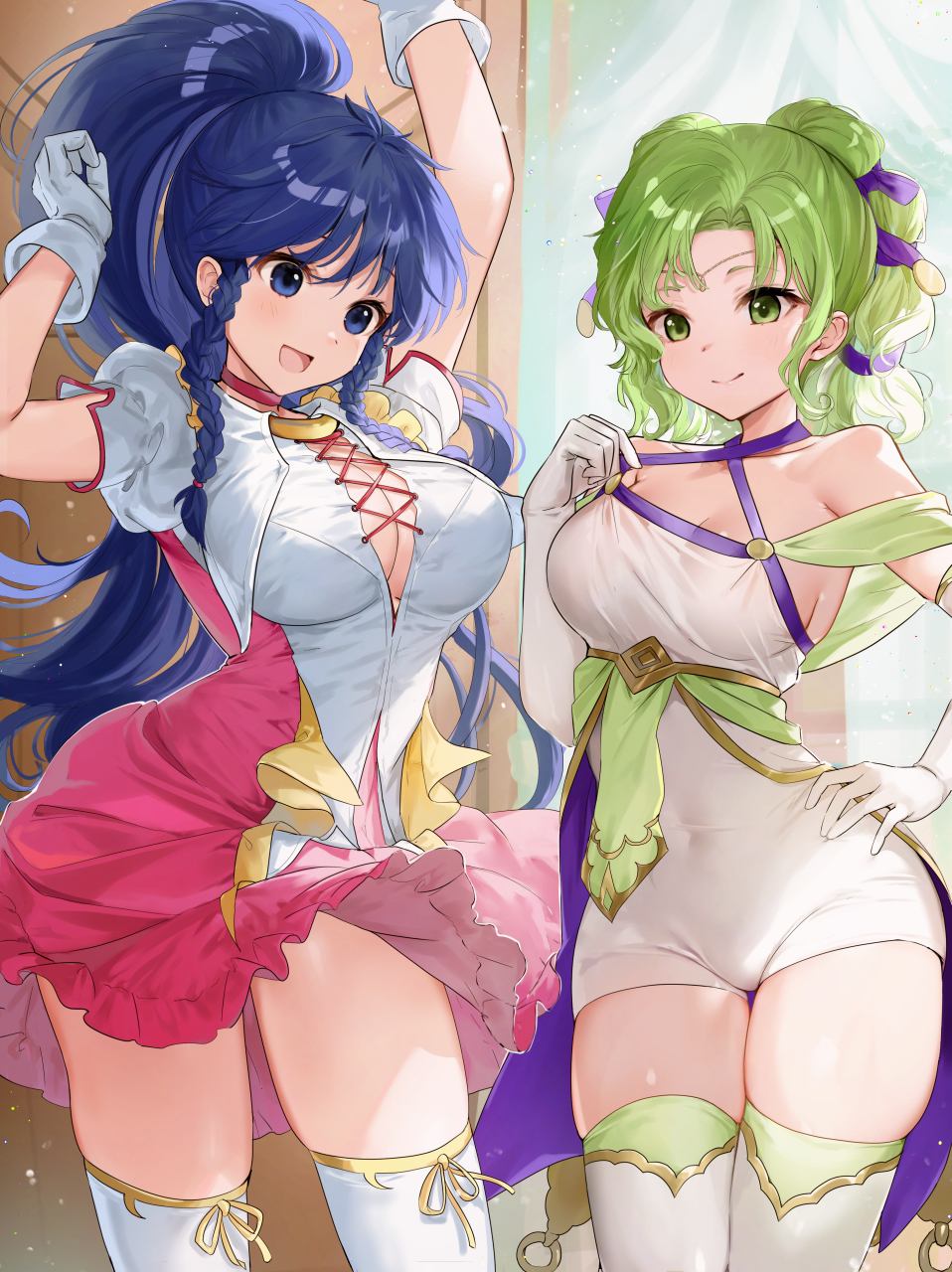 2girls :d aged_up alternate_costume arm_up armpits blue_eyes blue_hair braid breasts cleavage closed_mouth collarbone covered_navel dress fire_emblem fire_emblem:_the_sacred_stones gloves green_eyes green_hair hand_on_own_hip haru_(nakajou-28) highres l'arachel_(fire_emblem) l'arachel_(seeker_of_justice)_(fire_emblem) large_breasts long_hair medium_breasts multiple_girls nintendo official_alternate_costume open_mouth ponytail skindentation smile standing tana_(fire_emblem) tana_(frelian_starlight)_(fire_emblem) thighhighs thighs tongue twin_braids undersized_clothes white_dress white_gloves white_thighhighs wide_hips