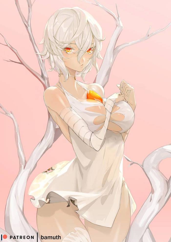 1girl bamuth breasts choker cleavage code_vein dress io_(code_vein) large_breasts looking_at_viewer object_between_breasts orange_eyes short_hair thick_thighs thighs torn_clothes tree white_dress white_hair wide_hips