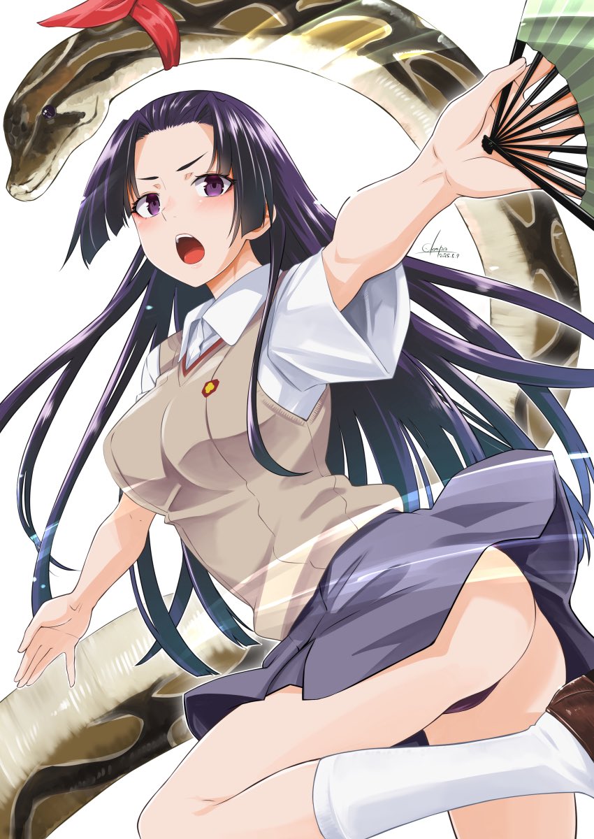 1girl animal ass black_panties blush breasts brown_sweater_vest commentary_request emblem folding_fan hand_fan highres holding holding_fan kongou_mitsuko long_hair looking_at_viewer medium_breasts okara open_mouth panties purple_eyes purple_hair python school_emblem school_uniform skirt snake solo summer_uniform sweater_vest toaru_kagaku_no_railgun toaru_majutsu_no_index tokiwadai_school_uniform underwear very_long_hair wind wind_lift
