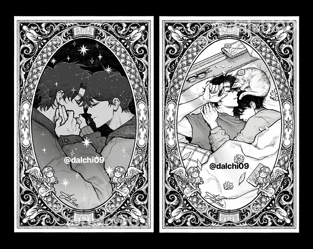 2boys bed bedroom book bookshelf border cat closed_eyes commentary curled_up curtains dalchi09 english_commentary falling_leaves flower forehead-to-forehead from_above glasses greyscale hand_on_another's_face hand_up heads_together indoors kim_dokja leaf male_focus monochrome multiple_boys multiple_views omniscient_reader's_viewpoint open_book open_window ornate_border plant potted_plant shirt short_hair sky sleeping sleeping_on_person star_(sky) star_(symbol) star_print starry_sky sunflower t-shirt toned toned_male under_covers uriel_(omniscient_reader's_viewpoint) wind window window_light yoo_joonghyuk