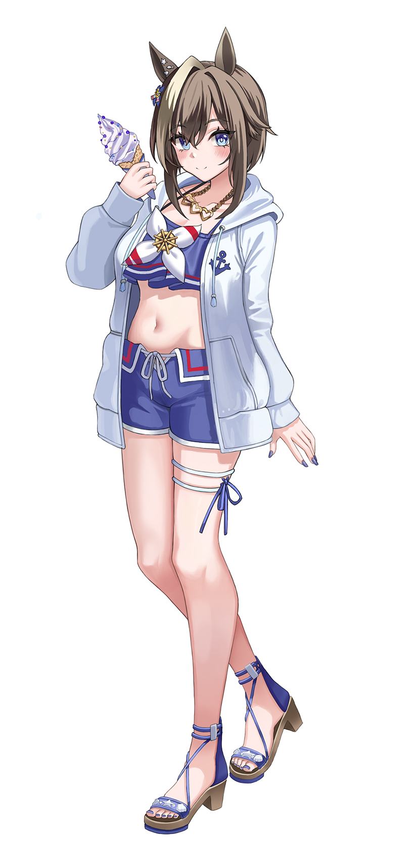 1girl animal_ears bikini bikini_shorts blue_bikini blue_eyes blue_nails blue_swim_trunks blush braid breasts brown_hair cheval_grand_(summer_calm_navy_drop)_(umamusume) cheval_grand_(umamusume) closed_mouth collarbone commentary_request hair_between_eyes heart heart_necklace highres holding holding_ice_cream_cone hood hooded_jacket horse_ears horse_girl horse_tail ice_cream_cone jacket jewelry looking_at_viewer medium_hair multicolored_hair navel necklace official_alternate_costume official_alternate_hairstyle open_clothes open_jacket sandals seemu_(wnslqjdignv_) shorts simple_background smile solo stomach streaked_hair swimsuit tail umamusume white_background white_hair white_jacket white_streaks