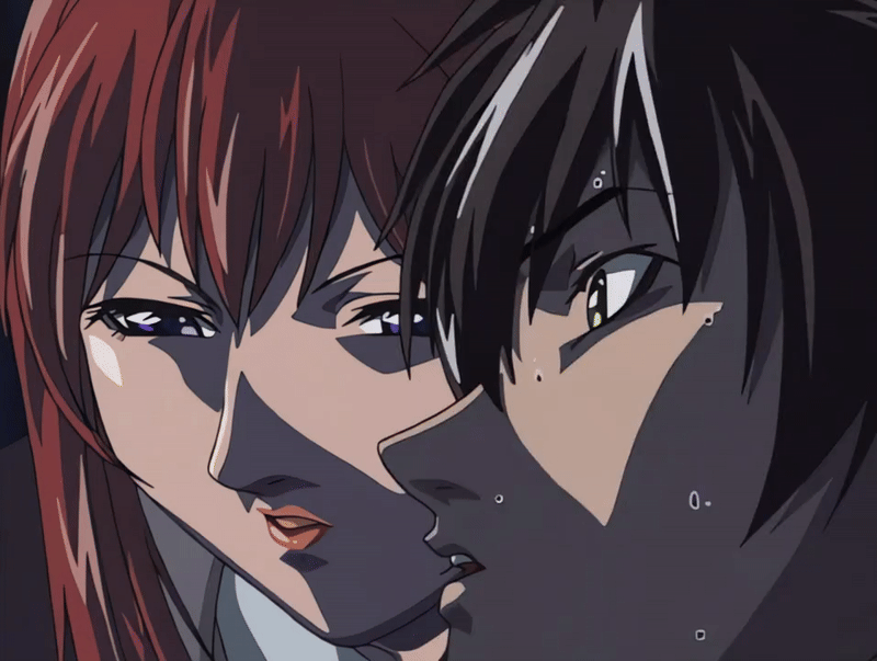 00s 1boy 1girl 2002 age_difference animated animated_gif anime_screenshot bible_black bible_black_night_of_the_walpulgiss bow healing jacket lipstick long_hair makeup mature_female minase_taki older_female_and_younger_male purple_eyes purple_jacket red_hair shirt sweat tagme takashiro_hiroko teacher teacher_and_student white_shirt yellow_bow