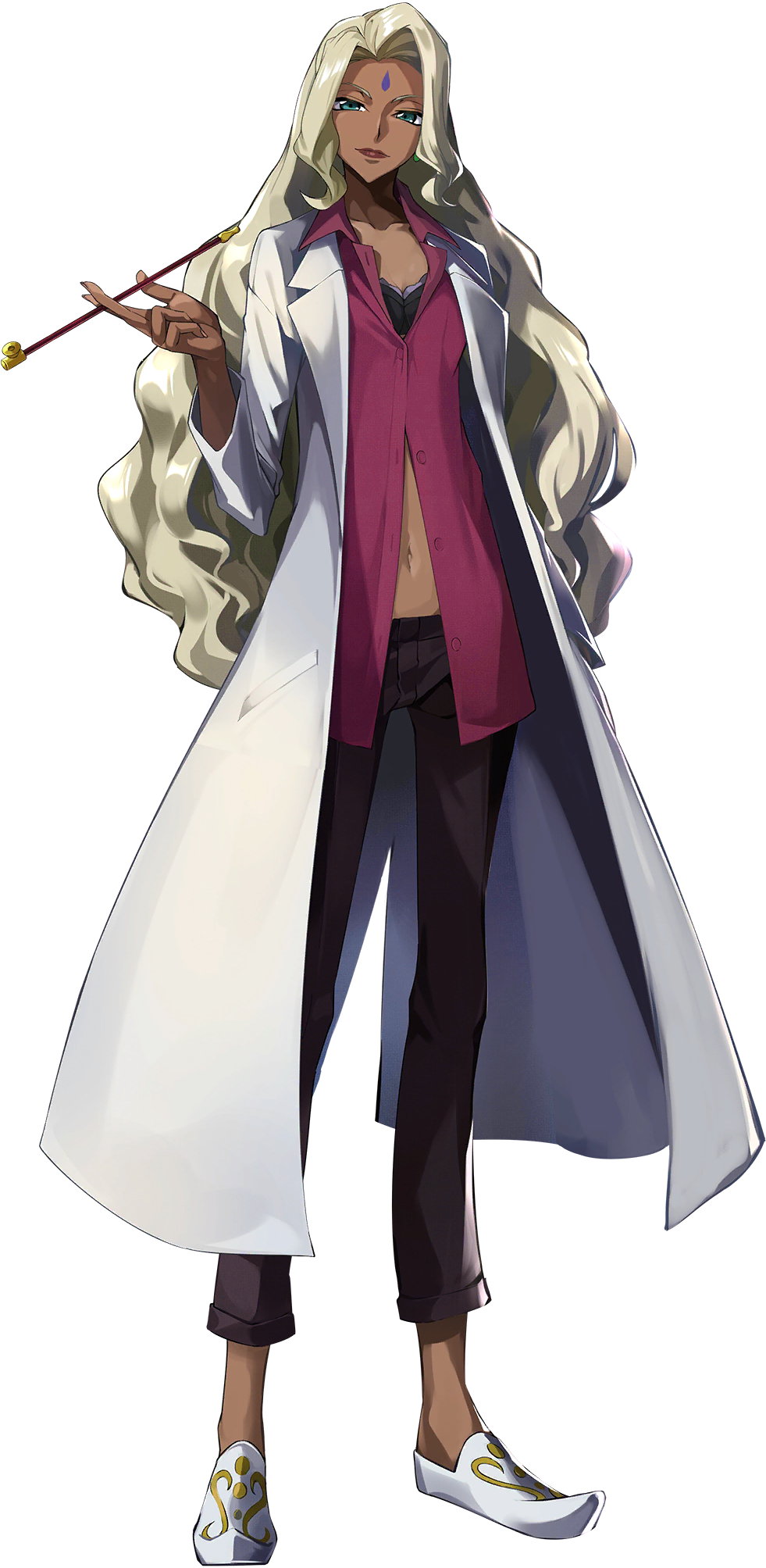 1girl black_bra blonde_hair blue_eyes bra bra_peek breasts cleavage coat code_geass code_geass:_genesic_re;code collarbone collared_shirt cropped_torso dark-skinned_female dark_skin facial_mark forehead forehead_mark half-closed_eyes hand_up highres holding holding_smoking_pipe lipstick long_hair long_sleeves looking_at_viewer makeup medium_breasts official_art open_clothes open_coat open_shirt parted_lips rakshata_chawla red_lips red_shirt shirt sidelocks simple_background smoking_pipe solo standing teeth transparent_background underwear upper_body v-shaped_eyebrows white_coat