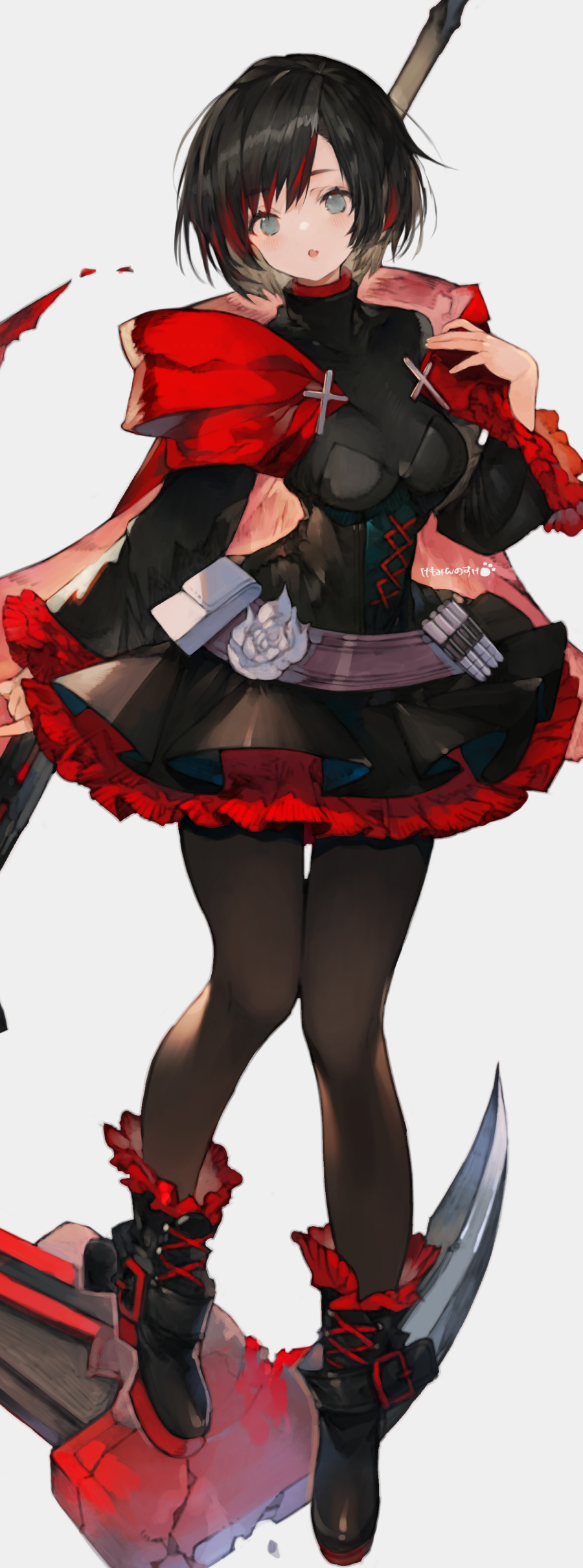 1girl absurdres black_dress black_footwear black_hair black_leggings boots capelet commentary_request commission dress frilled_dress frills highres holding holding_scythe kemomin_nosuke leggings looking_at_viewer multicolored_hair open_mouth red_streaks ruby_rose rwby scythe short_hair two-tone_hair white_background