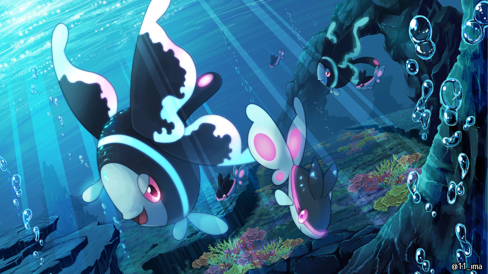 air_bubble animal_focus bubble closed_mouth commentary_request coral evolutionary_line finneon fish gen_4_pokemon i-m-a light_rays lumineon nintendo no_humans open_mouth pink_eyes pokemon pokemon_(creature) pokemon_focus smile twitter_username underwater
