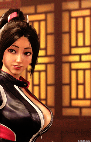 1girl 3d animated animated_gif black_jacket black_pants breasts brown_eyes brown_hair cleavage collarbone fatal_fury fatal_fury:_city_of_the_wolves female_focus game_screenshot jacket large_breasts leather leather_jacket leather_pants matching_hair/eyes motoyui pants ponytail shiranui_mai smile snk solo street_fighter street_fighter_6 video_game_screencap walking