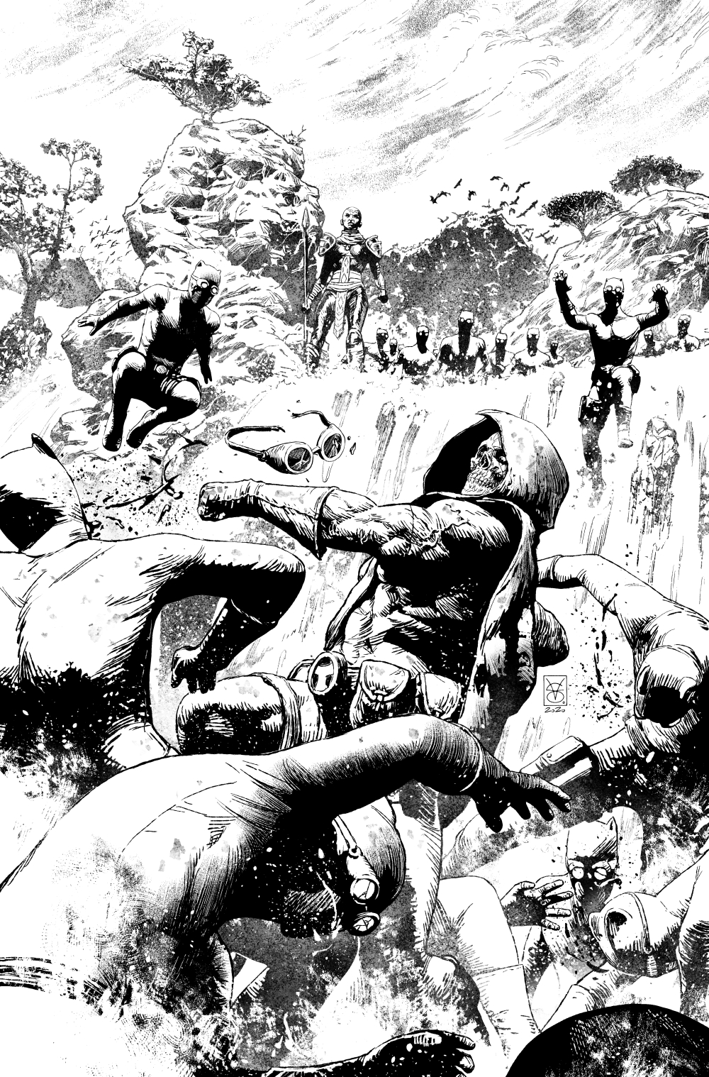 1girl 2020 6+boys afrofuturism armor army artist_name bald bald_female battle black_panther_(series) blood cape clenched_teeth comic_cover commentary dark_skin dated dynamic_pose english_commentary gloves goggles greyscale highres holding holding_polearm holding_weapon hood marvel mask monochrome multiple_boys muscular nature official_art okoye outdoors polearm river signature superhero_costume taskmaster teeth tree valerio_giangiordano wakanda water waterfall weapon western_comics_(style)