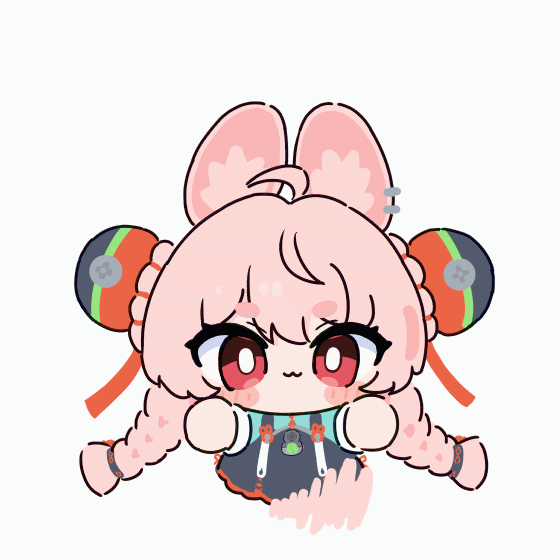 1girl :3 ahoge animal_ear_fluff animal_ear_piercing animal_ears animated animated_gif blush_stickers braid chibi commentary_request furry furry_female hair_ornament long_hair looking_at_viewer open_mouth pink_hair rabbit_ears rabbit_girl red_eyes simple_background solo sphere_hair_ornament thick_eyebrows twintails umihio white_background zenless_zone_zero zhao_(zenless_zone_zero)