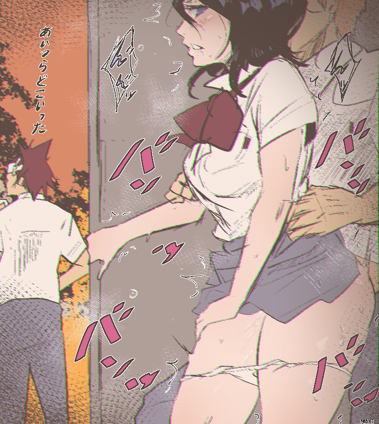 1girl 2boys abarai_renji black_hair bleach hiding hiding_behind_another kuchiki_rukia kurosaki_ichigo maxi multiple_boys netorare orange_hair panties petite red_hair school_uniform sex sex_from_behind short_hair underwear white_panties