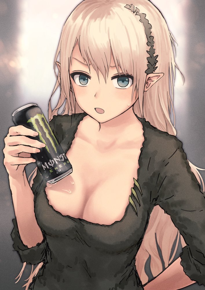 1girl :o backlighting black_shirt blonde_hair blue_eyes blush breasts can cleavage collarbone commentary drink_can energy_drink holding long_hair looking_at_viewer medium_breasts monster_energy no_bra open_mouth original pointy_ears revision scoop_neck shirt soda_can solo straight_hair sweat three-quarter_sleeves upper_body very_long_hair water_drop yukitake_(bullfalk)