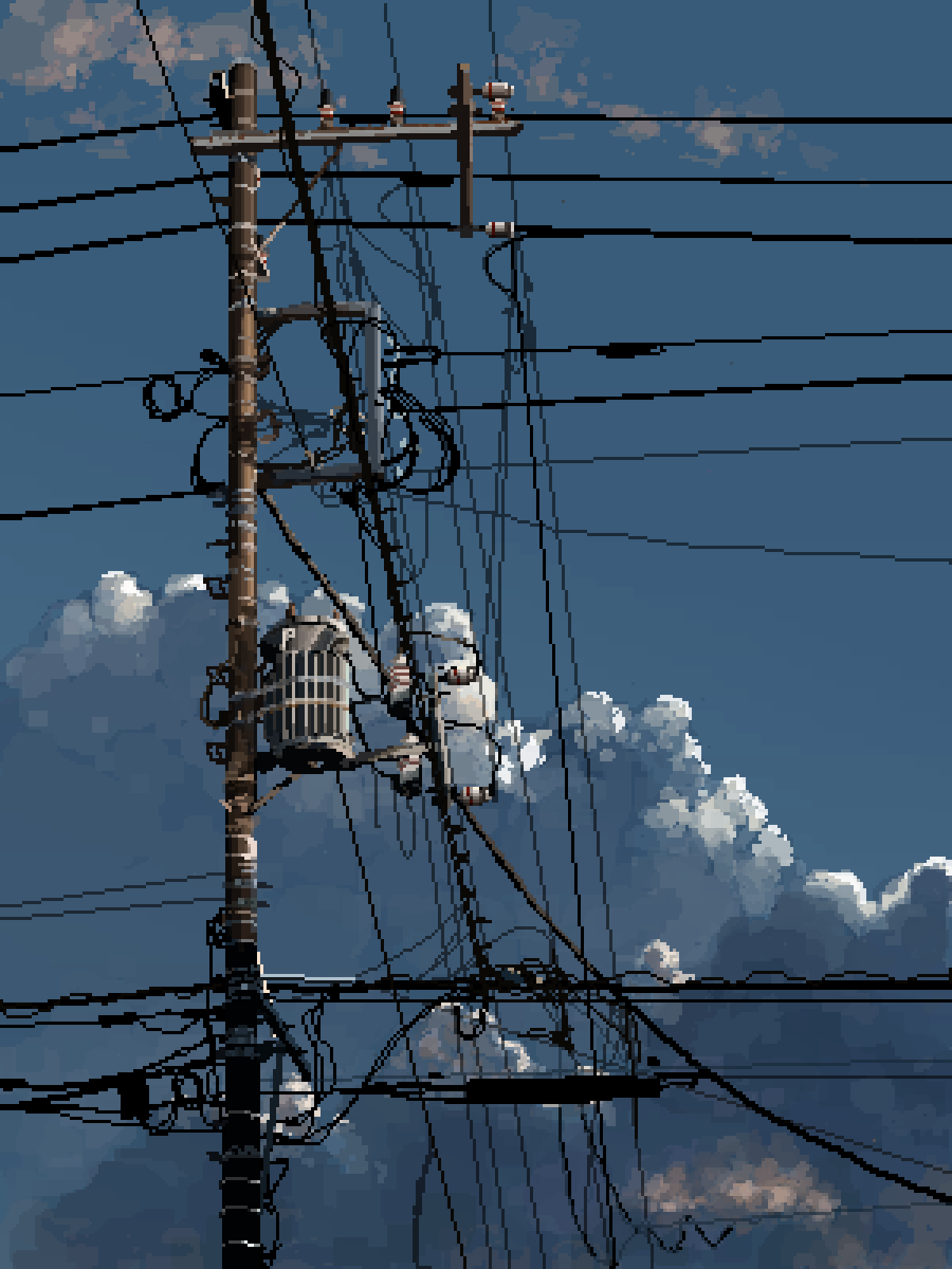 blue_sky cloud cloudy_sky commentary_request evening highres hisachan55cute no_humans original outdoors pixel_art power_lines scenery sky utility_pole