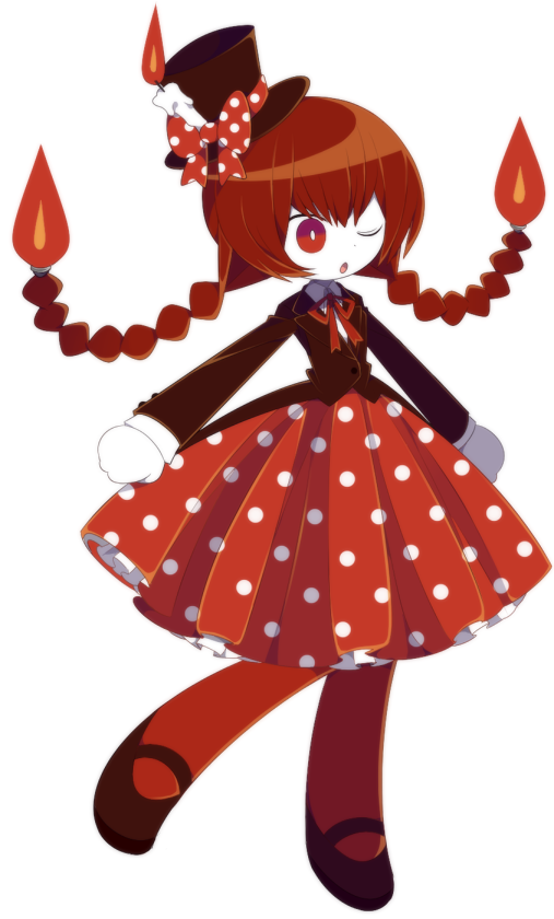 1girl braid bright_pupils candla_(funamusea) candle colored_skin funamusea funamusea_(artist) hat jacket long_hair neck_ribbon official_art one_eye_closed open_mouth polka_dot red_eyes red_hair red_ribbon ribbon shirt shoes top_hat twin_braids white_background white_pupils white_shirt white_skin