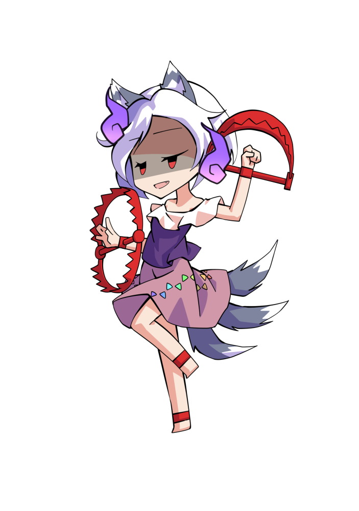 1girl animal_ears anklet arm_up barefoot bear_trap chibi chibi_only commentary_request dairi dog_ears dog_tail full_body grey_hair jewelry large_variant_set mitsugashira_enoko multiple_tails purple_shirt red_eyes shirt short_hair short_sleeves simple_background skirt solo tachi-e tail touhou transparent_background variant_set