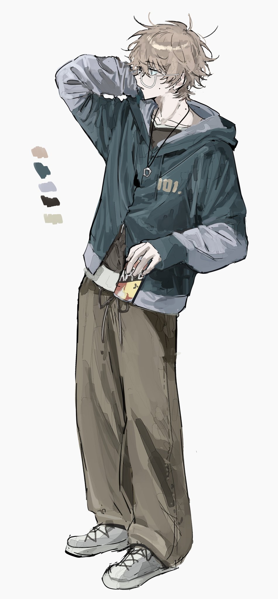 1boy arm_behind_head blue_jacket brown_eyes brown_hair brown_pants can color_guide commentary_request drink_can full_body glasses grey_shoes highres holding holding_can hood hood_down hooded_jacket jacket long_sleeves male_focus open_mouth original pants shoes short_hair simple_background sini_user solo standing white_background