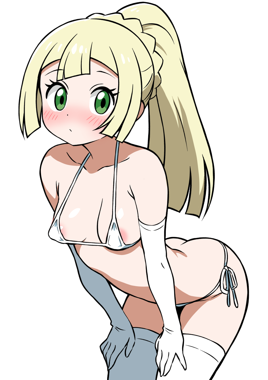 1girl areola_slip bare_shoulders bikini blonde_hair blush breasts ecgg_(tsuji418477) elbow_gloves gloves green_eyes hand_on_own_knee highres lillie_(pokemon) loli long_hair looking_at_viewer micro_bikini nintendo nipples pokemon pokemon_sm ponytail side-tie_bikini_bottom simple_background small_breasts solo stomach swimsuit thighhighs white_background white_bikini white_gloves white_thighhighs