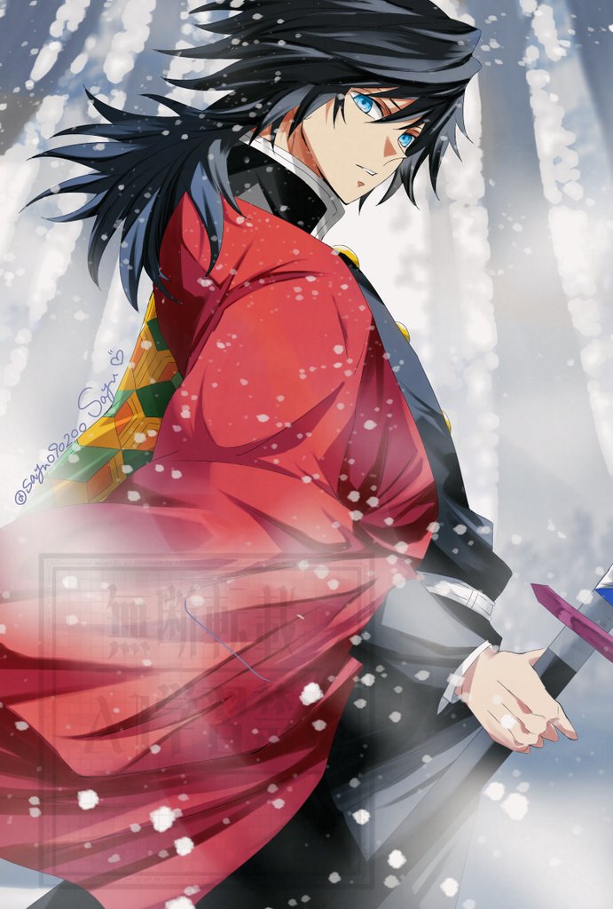 1boy belt black_hair black_jacket black_pants blue_eyes buttons commentary_request demon_slayer_uniform forest gold_buttons hair_between_eyes haori high_collar holding holding_sword holding_weapon jacket japanese_clothes katana kikkoumon kimetsu_no_yaiba long_hair looking_at_viewer low_ponytail male_focus nature outdoors pants parted_lips ponytail print_haori red_haori sayu090200 snow solo spiked_hair sword teeth tomioka_giyuu watermark weapon white_belt