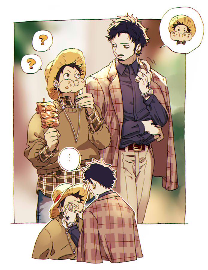 ... 2boys ? alternate_costume audio_jack black_hair blue_hair blue_shirt chizuko_(chiduk0) couple dark_blue_hair earplugs earrings eating facial_hair food food_on_face hands_up hat jacket jacket_on_shoulders jewelry long_sleeves male_focus monkey_d._luffy multiple_boys one_piece panels plaid_clothes plaid_shirt pointing shirt speech_bubble straw_hat trafalgar_law watch wiping wristwatch yaoi yellow_eyes