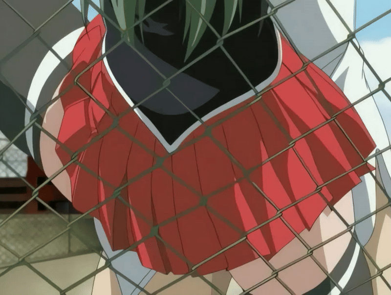 00s 1boy 1girl 2005 animated animated_gif bible_black bible_black_only dress fence green_hair hetero ito_mika leg_up legs_apart long_hair outdoors red_dress school school_roof school_rooftop school_uniform sex sunset tagme thigh_grab thighhighs zettai_ryouiki
