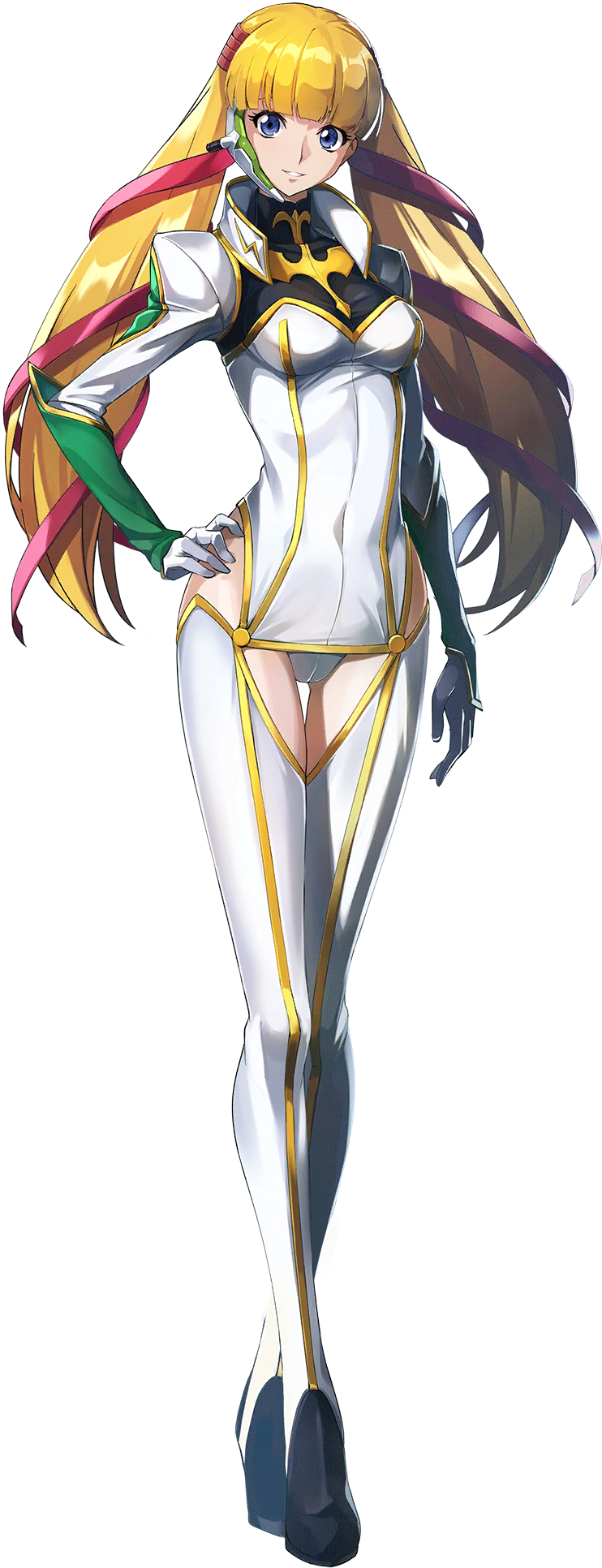 1girl blonde_hair blue_eyes blunt_bangs breasts code_geass code_geass:_genesic_re;code covered_navel full_body gloves hair_ribbon headset highres long_hair mecha_pilot_suit medium_breasts monica_kruszewski official_art red_ribbon ribbon solo twintails white_gloves