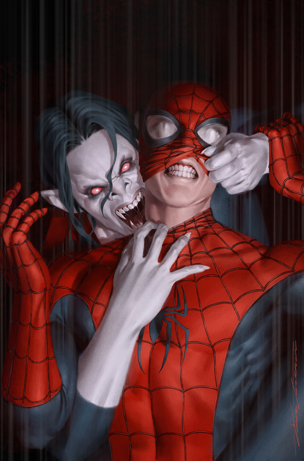 2boys black_background black_hair bodysuit bodysuit_pull clenched_teeth colored_sclera colored_skin comic_cover commentary english_commentary fangs fingernails grabbing_from_behind grey_skin highres imminent_bite long_fingernails long_hair looking_at_viewer male_focus marvel mask_pull morbius multiple_boys muscular muscular_male no_pupils obliques official_art open_mouth parted_hair peter_parker pointy_ears red_sclera saliva saliva_trail sharp_fingernails sharp_teeth signature spider-man spider-man_(series) spider_web_print superhero_costume teeth upper_body vampire yoon_junggeun