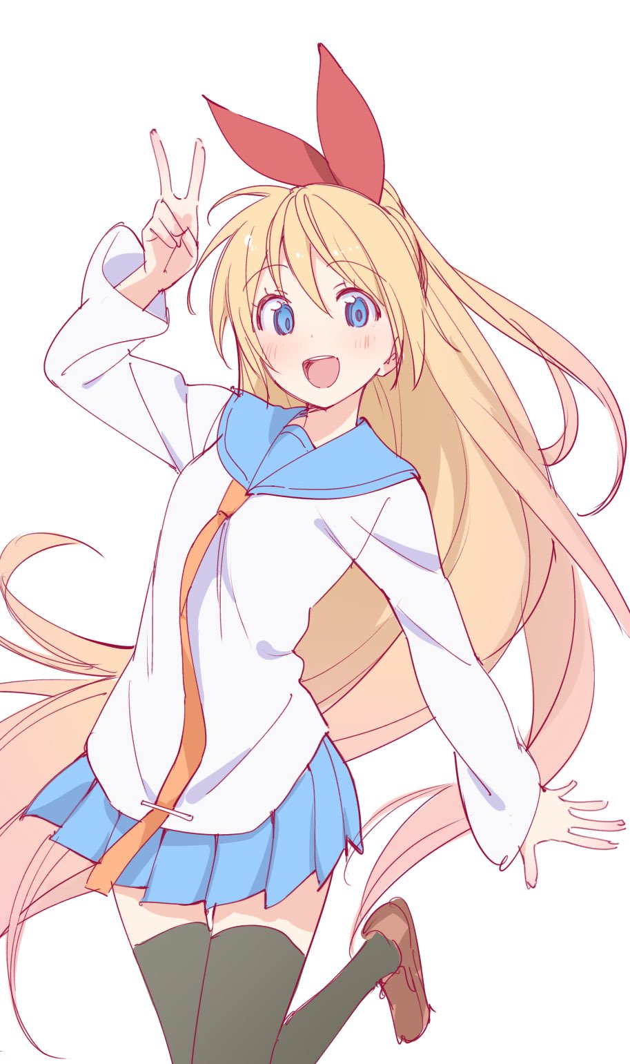 1girl black_thighhighs blonde_hair blue_eyes blue_sailor_collar blush bonyari_high_school_uniform bow breasts hair_ribbon highres kirisaki_chitoge long_hair long_legs looking_at_viewer necktie nisekoi open_mouth orange_necktie pleated_skirt rakugaki_ningen red_ribbon ribbon sailor_collar school_uniform serafuku shirt skirt smile solo thighhighs very_long_hair
