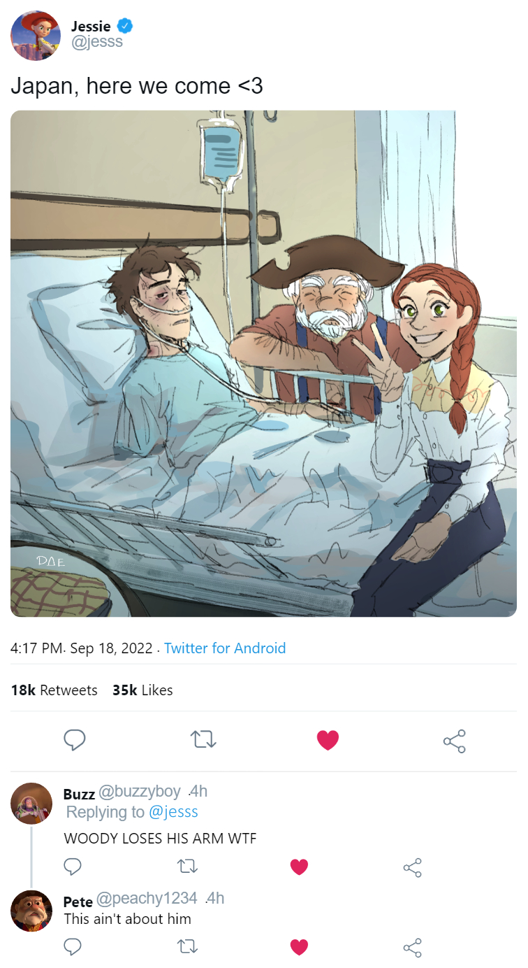 1girl 2boys amputee arm_hair bed braid brown_hair bruise bruise_on_neck bruised_eye buzz_lightyear closed_eyes cowboy cowboy_hat cowboy_western cowgirl_(western) empty_eyes green_eyes grin hat highres hospital_bed injury jessie_the_yodeling_cowgirl meme multiple_boys nasal_cannula old old_man out_here_living_my_best_life_(meme) parted_lips red_hair sheriff_woody single_braid sitting smile stinky_pete thick_eyebrows toy_story toy_story_2 twitter user_eddz3383 v western