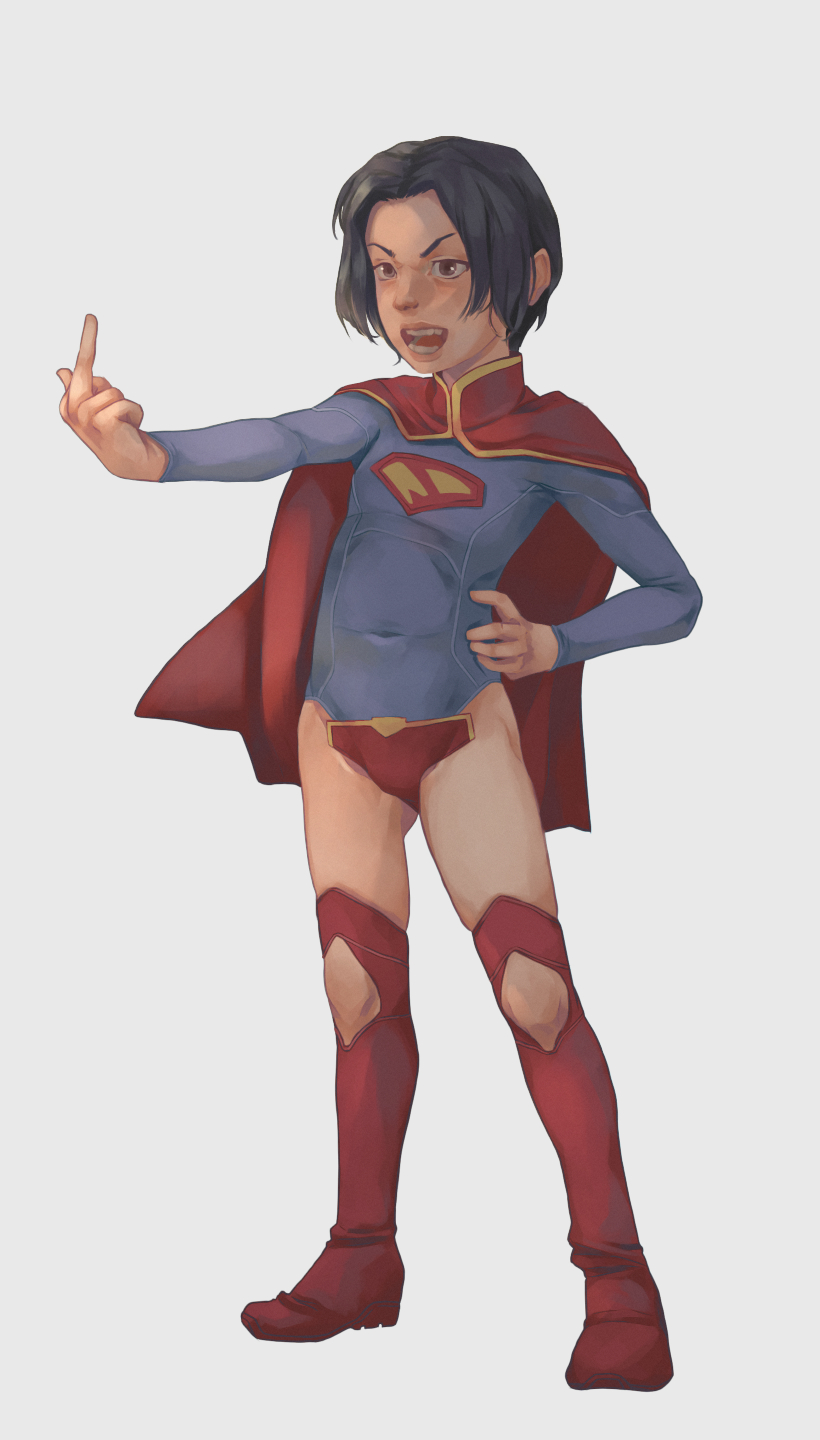 1girl aged_down black_hair boots brown_eyes cape cuess dc_comics dc_extended_universe female_focus flat_chest insult loli long_sleeves middle_finger open_mouth red_boots red_cape short_hair simple_background solo standing supergirl superhero_costume superman_(series) superman_logo tagme the_flash_(movie) thighhighs thighs white_background