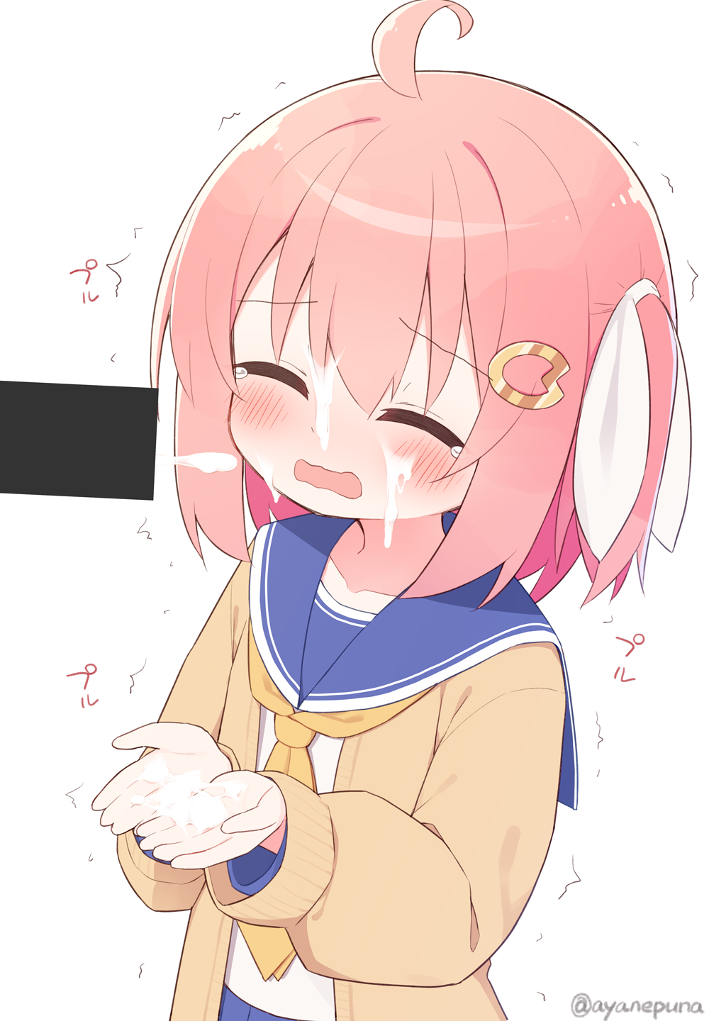 1boy 1girl ahoge bar_censor blue_sailor_collar blue_skirt brown_cardigan cardigan censored closed_eyes cum cum_on_body cum_on_hands cupping_hands facial flat_chest furrowed_brow hair_ornament hair_ribbon hairclip highres loli long_sleeves medium_hair neckerchief one_side_up open_cardigan open_clothes open_mouth original own_hands_together pink_hair ribbon sailor_collar sailor_shirt shirt skirt tearing_up white_ribbon white_shirt yellow_neckerchief yune_(ayanepuna) yuune_(ayanepuna)
