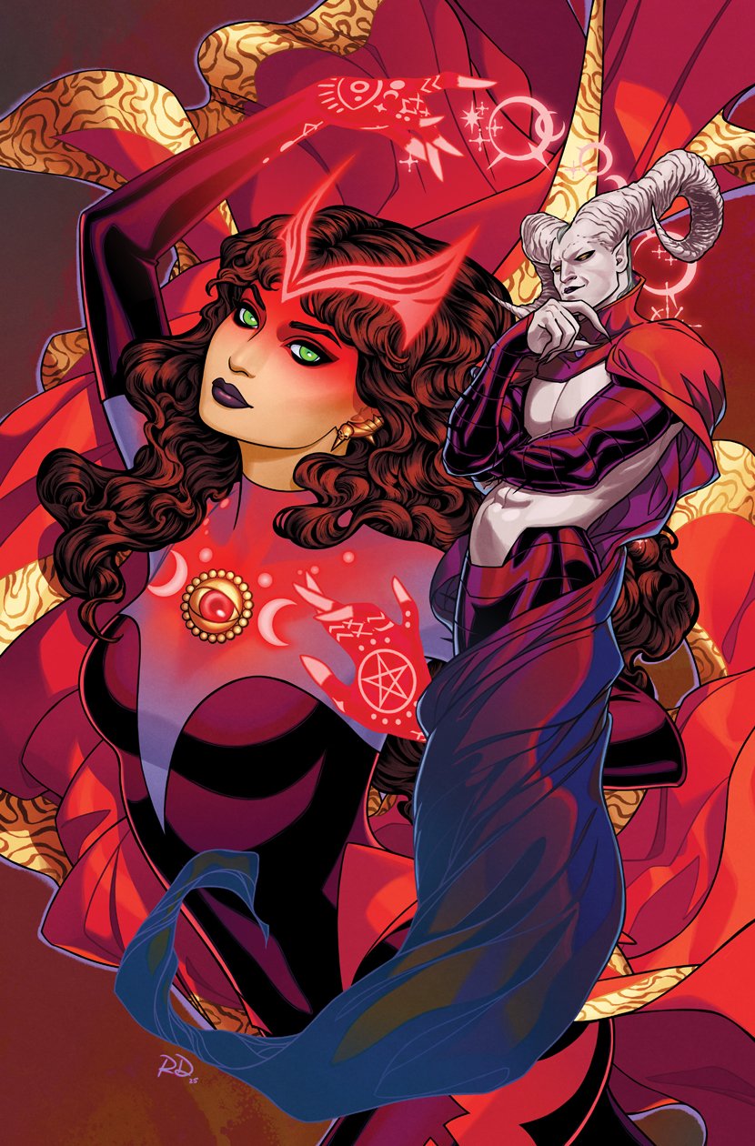 1boy 1girl abs arm_up avengers_(series) bodysuit breasts brown_hair chthon_(marvel) cloak colored_skin comic_cover commentary cover cover_page crescent curly_hair demon_boy earrings elbow_gloves english_commentary fingerless_gloves gloves glowing_headgear glowing_markings gold_earrings green_eyes grey_hair hand_on_own_chin highres horns jewelry long_hair looking_to_the_side magic makeup marvel medium_breasts multicolored_bodysuit muscular muscular_male official_alternate_costume official_art pentagram pointy_ears purple_bodysuit purple_lips red_background red_bodysuit red_cloak red_gloves red_tiara russell_dauterman scarlet_witch skull_earrings textless_version wanda_maximoff western_comics_(style) white_horns white_skin widow's_peak