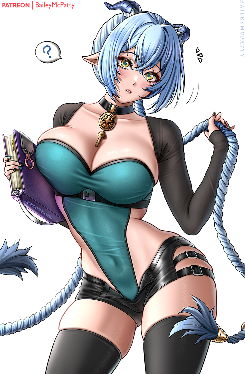 1girl ? alternate_costume animal_ears baileymcpatty black_nails black_shorts black_thighhighs blue_hair blue_horns blush book braid breast_press breasts choker cleavage collarbone commentary covered_navel cowboy_shot crossed_bangs gluteal_fold goat_ears goat_girl goat_horns green_leotard green_nails hair_between_eyes hair_intakes head_tilt highres holding holding_book holding_own_hair horizontal_pupils horns key key_choker large_breasts leotard long_hair looking_at_viewer lucia_elowen micro_shorts motion_lines multicolored_nails notice_lines paid_reward_available parted_lips patreon_username pointy_ears shorts simple_background solo spoken_question_mark thighhighs twin_braids white_background yellow_eyes zenless_zone_zero