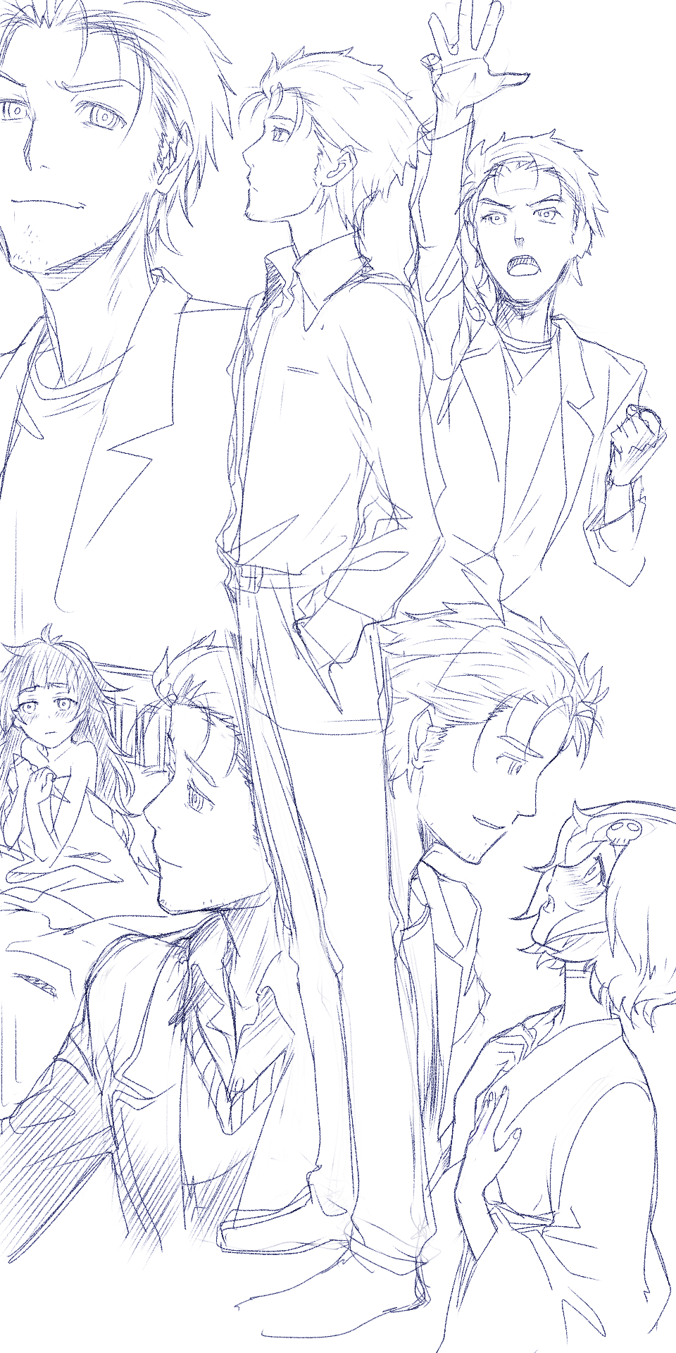 1girl 2boys bed bed_sheet blush commentary_request eye_contact hands_in_pockets highres hiyajou_maho implied_after_sex japanese_clothes lab_coat looking_at_another male_focus menomorute miko monochrome multiple_boys multiple_costumes multiple_views naked_sheet okabe_rintarou okabe_rintarou_(beta) science_adventure smile steins;gate steins;gate_0 trap urushibara_luka wide_sleeves