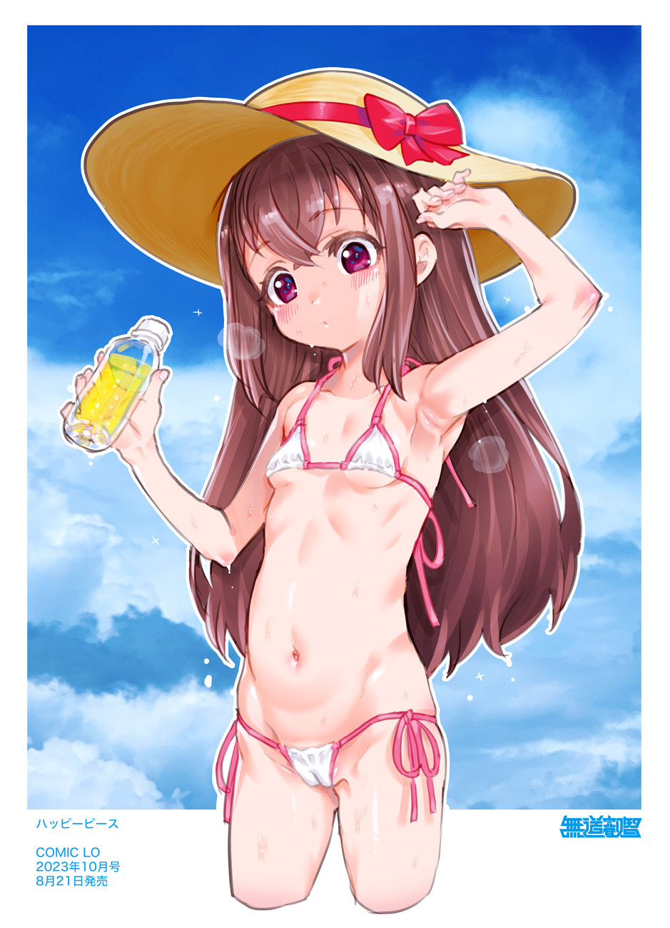 1girl bikini breasts brown_hair cameltoe comic_lo hat highres hot loli long_hair micro_bikini mudou_eichi navel original panties purple_eyes side-tie_bikini_bottom sky small_breasts solo sun_hat sweat swimsuit underwear
