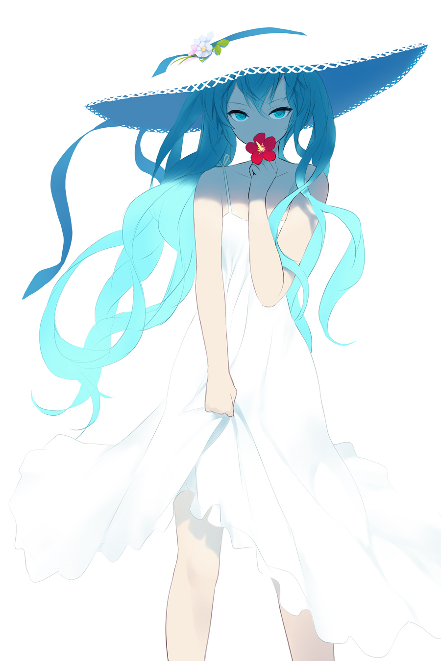 1girl aqua_hair blue_eyes cait_aron commentary dress flower hat hatsune_miku highres holding holding_flower long_hair looking_at_viewer miku_day simple_background sleeveless sleeveless_dress solo standing straw_hat sundress twintails vocaloid white_background white_dress white_hat
