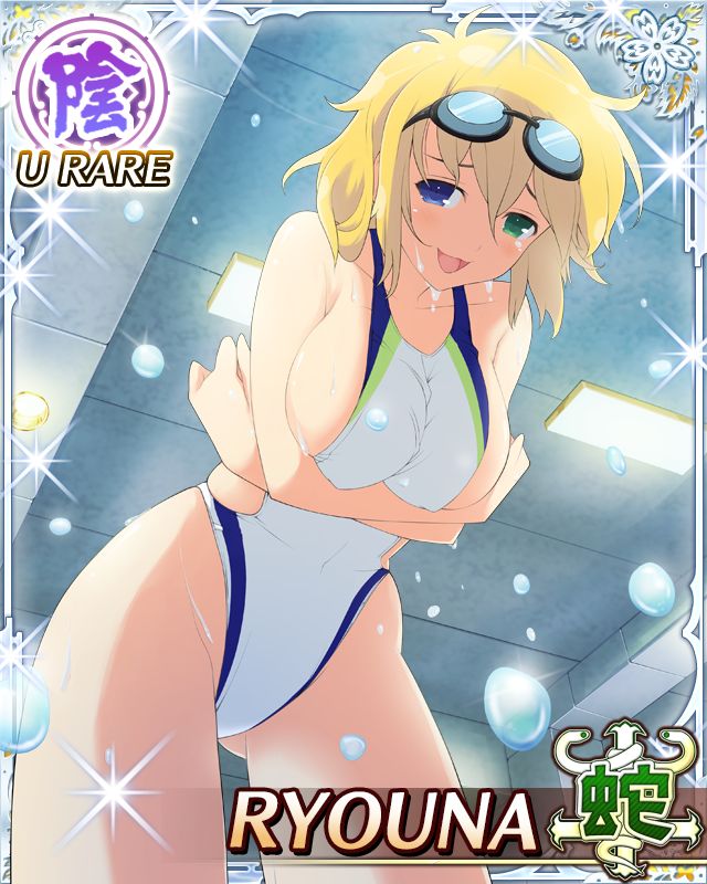 1girl :3 arms_under_breasts ass bent_over blonde_hair blue_eyes border breasts card_(medium) character_name competition_swimsuit covered_navel crossed_arms dripping game_cg gluteal_fold green_eyes heterochromia large_breasts looking_at_viewer medium_hair messy_hair official_art one-piece_swimsuit open_mouth ryouna_(senran_kagura) senran_kagura senran_kagura_new_wave sideboob skindentation smile solo swimsuit third-party_source water water_drop wet white_one-piece_swimsuit
