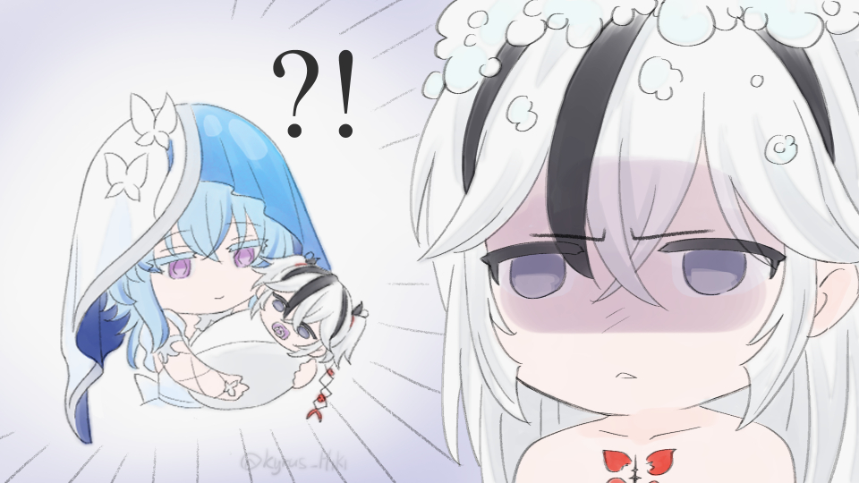 !? 3girls baby black_eyes blue_hair blue_veil camellya_(wuthering_waves) carrying carrying_baby carrying_person closed_mouth collarbone colored_eyelashes commentary english_commentary hair_between_eyes kyrus_hiki long_hair looking_at_another multiple_girls parted_lips partially_shaded_face purple_eyes shorekeeper_(wuthering_waves) smile soap_bubbles tacet_mark_(wuthering_waves) two-tone_veil veil white_hair white_veil wuthering_waves