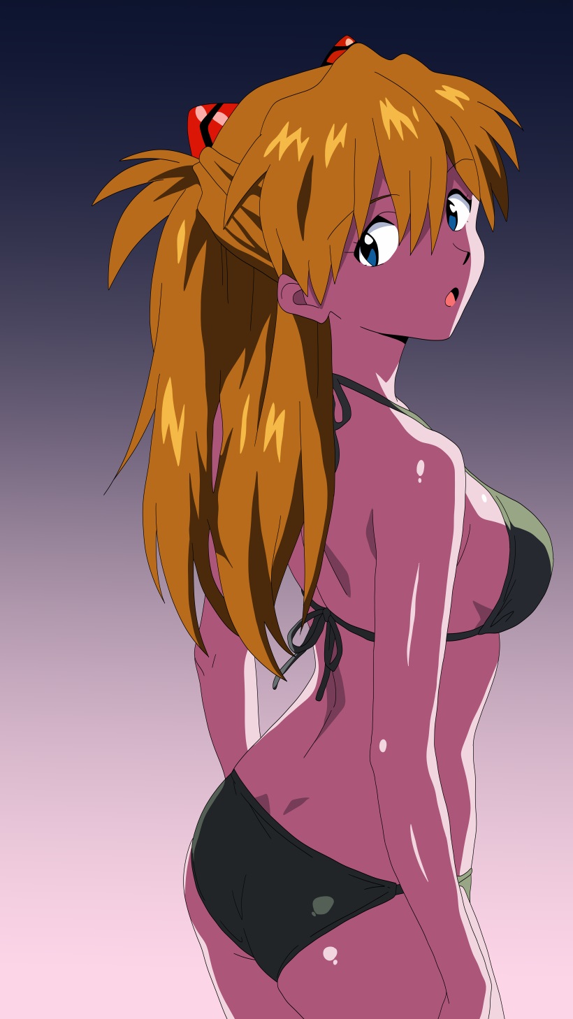 1girl :o ass bare_arms bare_legs bikini black_bikini blue_eyes breasts brown_hair cleavage curvy front-tie_bikini_top front-tie_top gradient_background highres jaaaan long_hair looking_at_viewer medium_breasts multicolored_bikini neon_genesis_evangelion open_mouth shade shiny_skin sideboob simple_background skindentation solo souryuu_asuka_langley swimsuit two-tone_bikini wide_hips