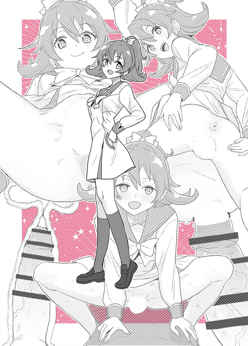 1boy 1girl anus ass bottomless character_request copyright_request cowgirl_position greyscale heriyama highres long_hair monochrome penis pov pussy red_background school_uniform serafuku sex spread_ass straddling x-ray