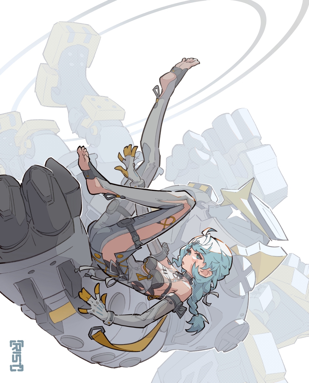 1girl 1other :o ahoge blue_eyes blue_hair bright_pupils circle clothing_cutout collar commentary commentary_request detached_sleeves english_commentary falling flower_hairpin formal_clothes from_side full_body gloves hair_ornament hairpin highres humanoid_robot joints long_hair open_mouth partial_commentary ponytail robot robot_joints see-through_dress_layer seed_(zenless_zone_zero) seed_sr. side_cutout stirrup_legwear suit thigh_cutout thigh_strap toeless_legwear toeless_socks toes upside-down user_rfde4742 white_background white_gloves white_pupils white_sleeves white_suit zenless_zone_zero