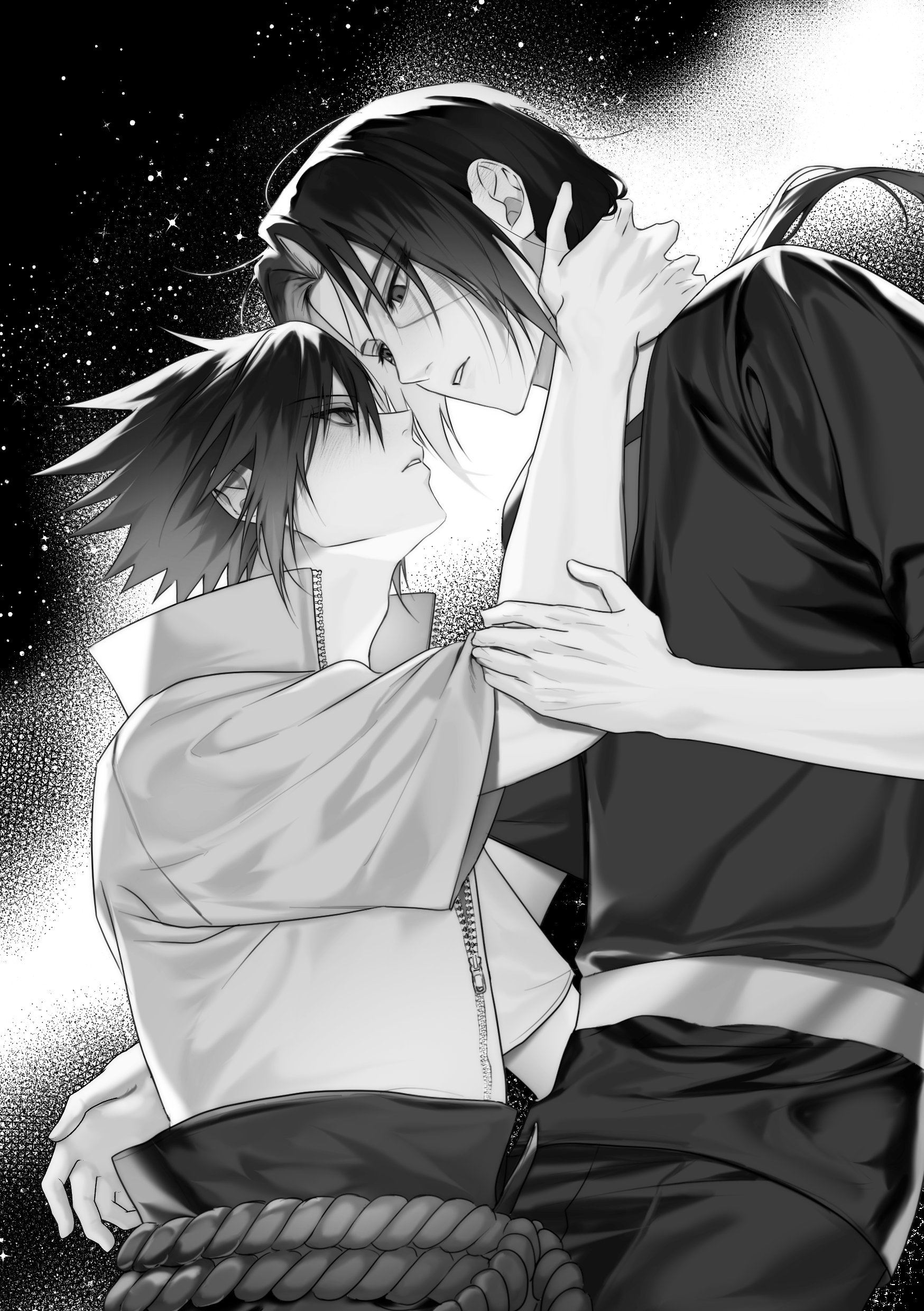 uchiha itachi, uchiha sasuke, naruto (series), naruto shippuuden,  absurdres, highres, 2boys, black hair, black pants, brothers, facial mark,  hair between eyes, hand on another\u0026#039;s neck, long hair, low ponytail,  male focus, multiple, image size:1748x2480