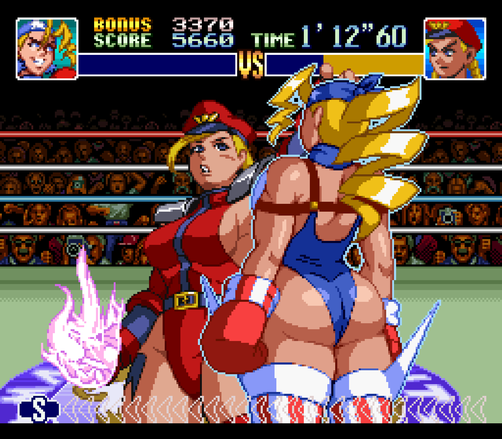 1boy 2girls 6+others alternate_costume ass bare_shoulders blonde_hair blue_eyes blue_leotard boxing_ring breasts cammy_white cosplay curvy energy fake_screenshot fighting highleg highleg_leotard highres justice_gakuen large_breasts leotard lips looking_at_another m._bison_(cosplay) multiple_girls multiple_others nakamanga official_alternate_costume outfit_connection pixel_art red_leotard restrained revealing_clothes scene_reference shiny_skin sleeveless street_fighter thong_leotard tiffany_lords wide_hips