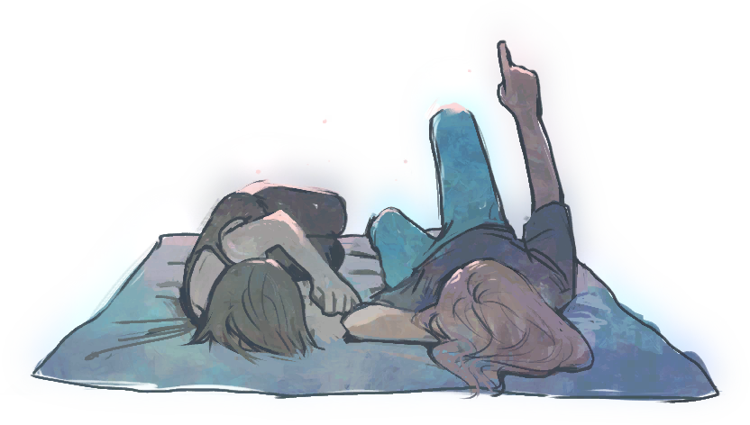 2girls angela_he arm_behind_head arm_up black_hair black_shirt black_tank_top brown_hair denim facing_another full_body glowing jeans knee_up long_hair lying missed_messages multiple_girls non-web_source official_art on_back on_side pants pointing shirt short_hair spaghetti_strap t-shirt tank_top transparent_background variant_set