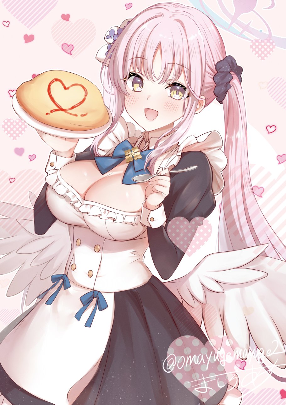 1girl :d alternate_costume black_dress black_scrunchie blonde_hair blue_archive blue_bow blue_bowtie blush bow bowtie breasts cleavage commentary dress food hair_ornament hair_scrunchie halo hands_up highres holding holding_plate holding_spoon large_breasts long_sleeves looking_at_viewer mashiro_aa mika_(blue_archive) omelet omurice open_mouth pink_hair pink_halo plate scrunchie signature smile solo spoon twitter_username